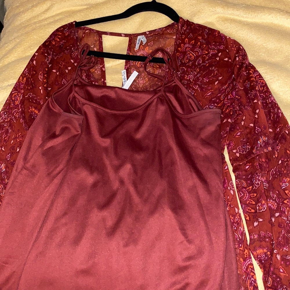 Red flower row piece dress with a tie in the front